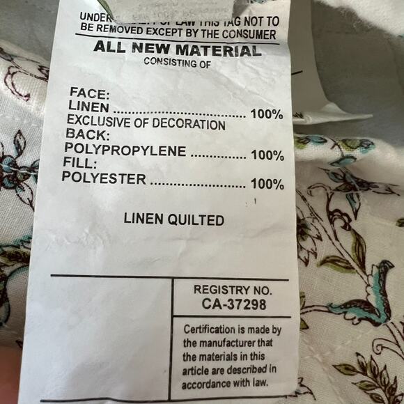 Bella Notte Pillow Sham 27 x 27" 100% Linen Quilted Button Closure Floral - Picture 7 of 10